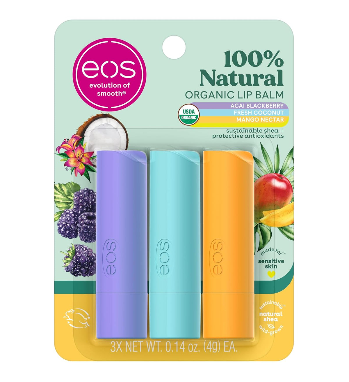 Packaging of eos lip balms with colorful labels on a white background