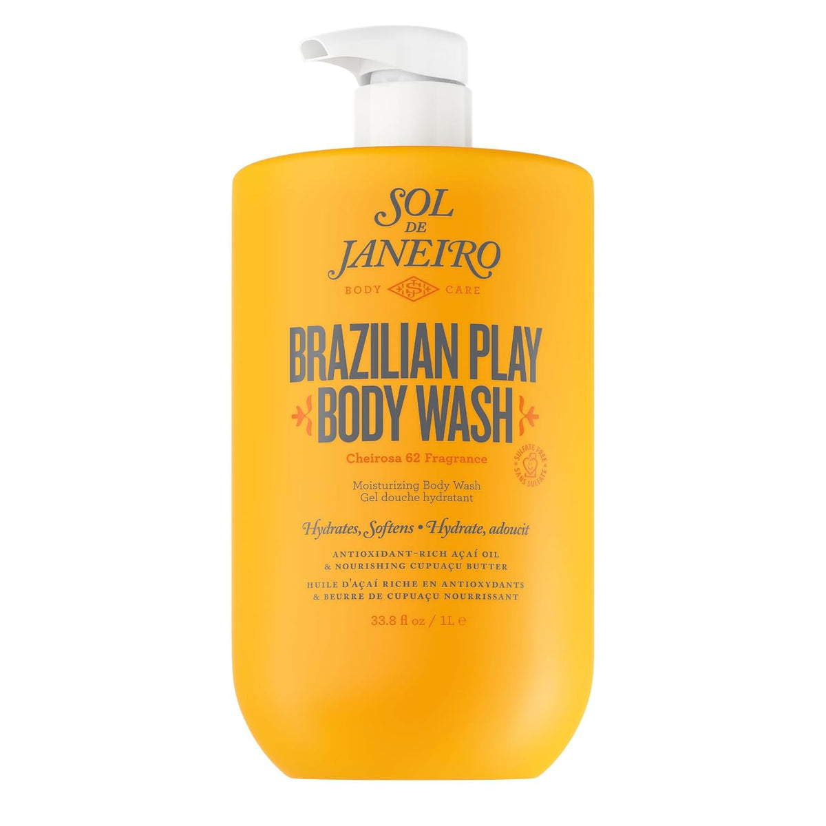 Yellow bottle of Sol de Janeiro Brazilian Play Body Wash on a white background