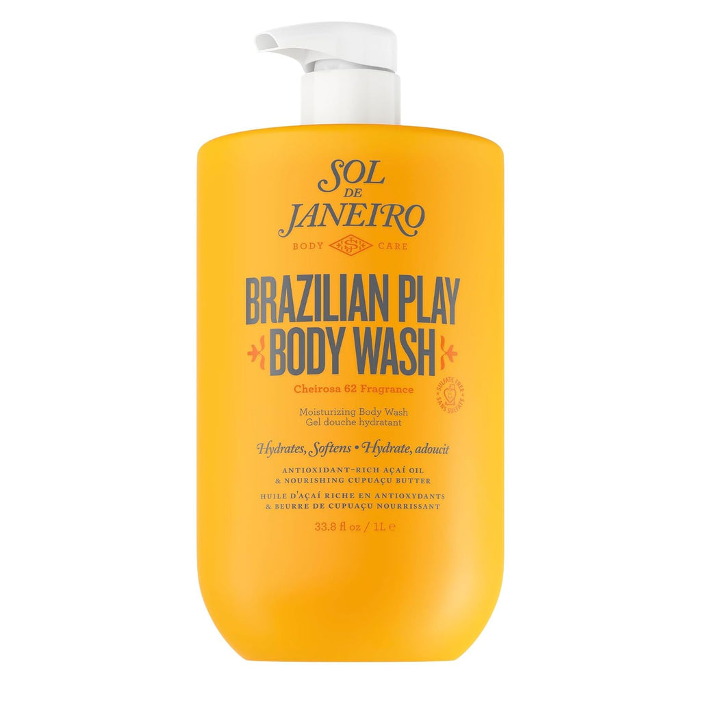 Yellow bottle of Sol de Janeiro Brazilian Play Body Wash on a white background