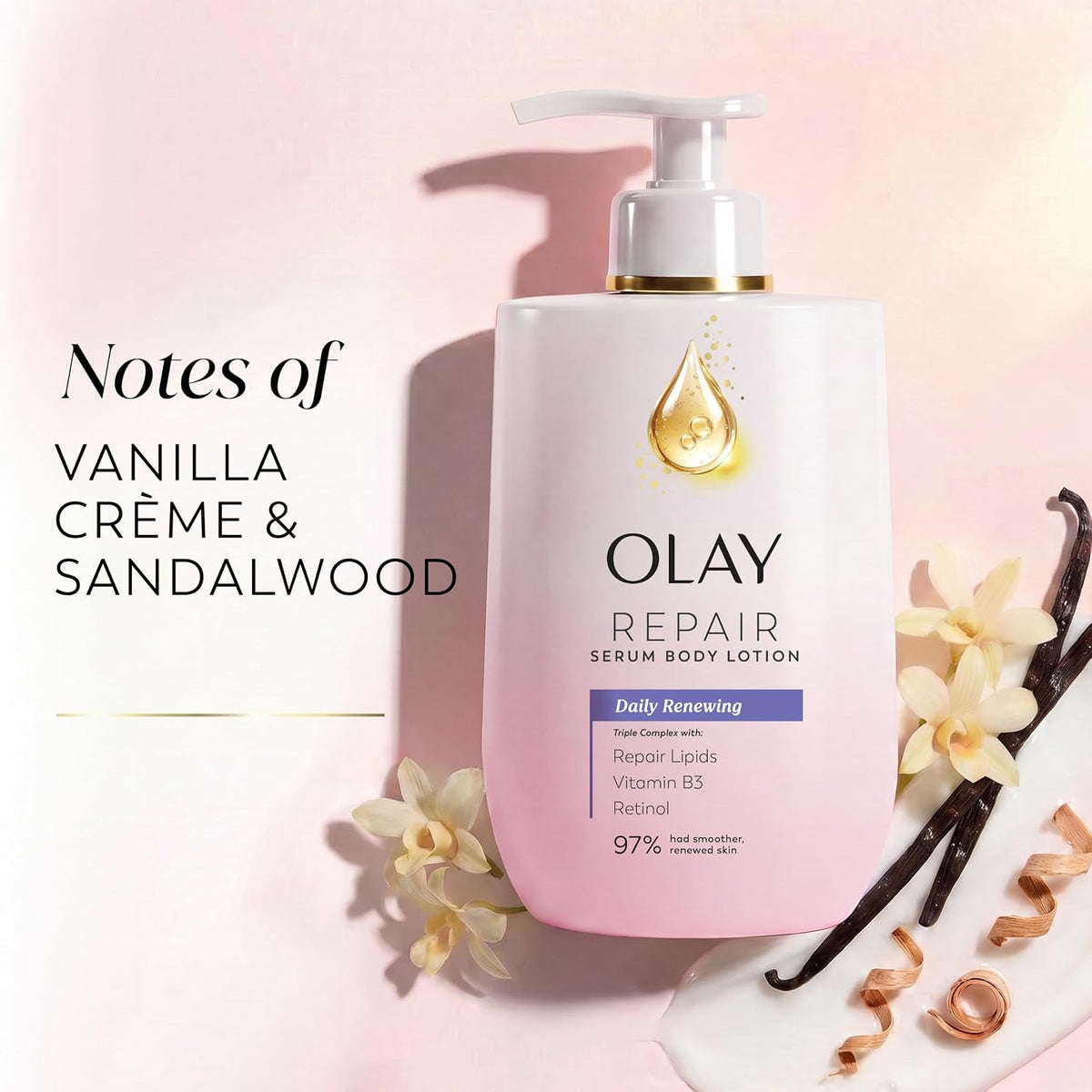 Olay Repair Serum Body Lotion bottle in a soft pink and white design with a gold-accented pump, styled on a pale pink background with vanilla beans, cream flowers, and text reading 'Notes of Vanilla Crème & Sandalwood'.