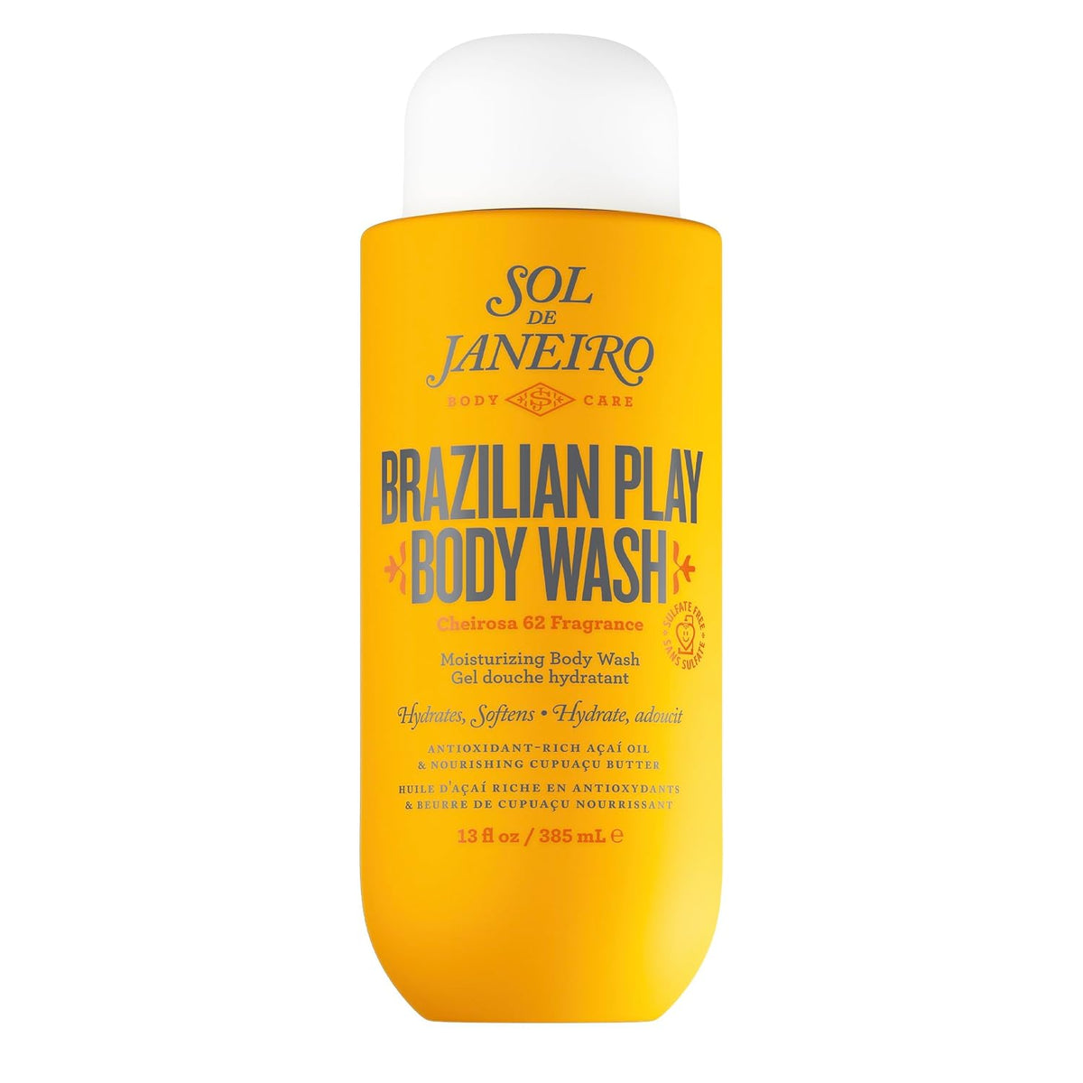 A bottle of Sol de Janeiro Brazilian Play Body Wash with a bright yellow-orange translucent bottle and a frosted white cap, shown on a solid white background.