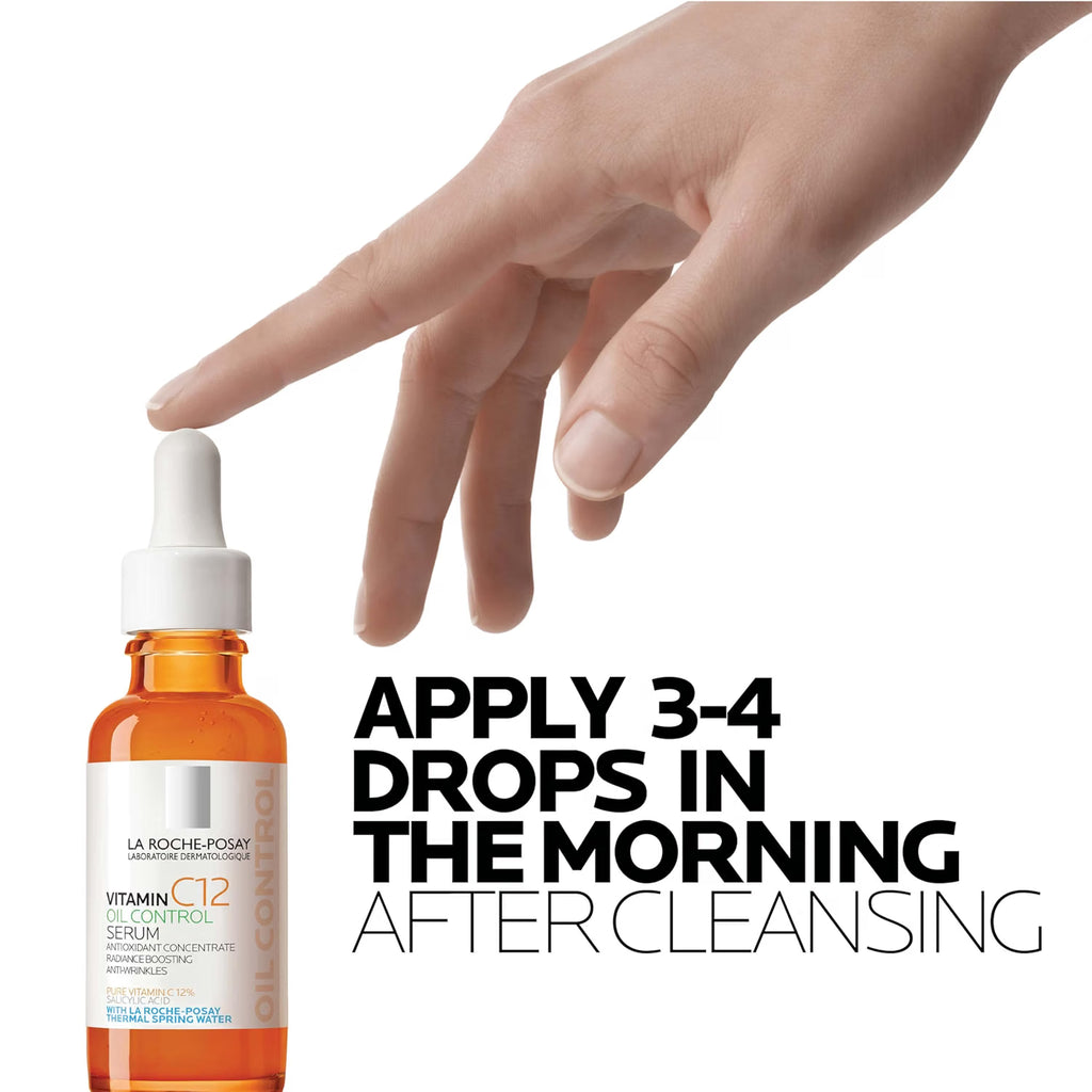 La Roche-Posay Vitamin C12 serum bottle with hand and text on a white background