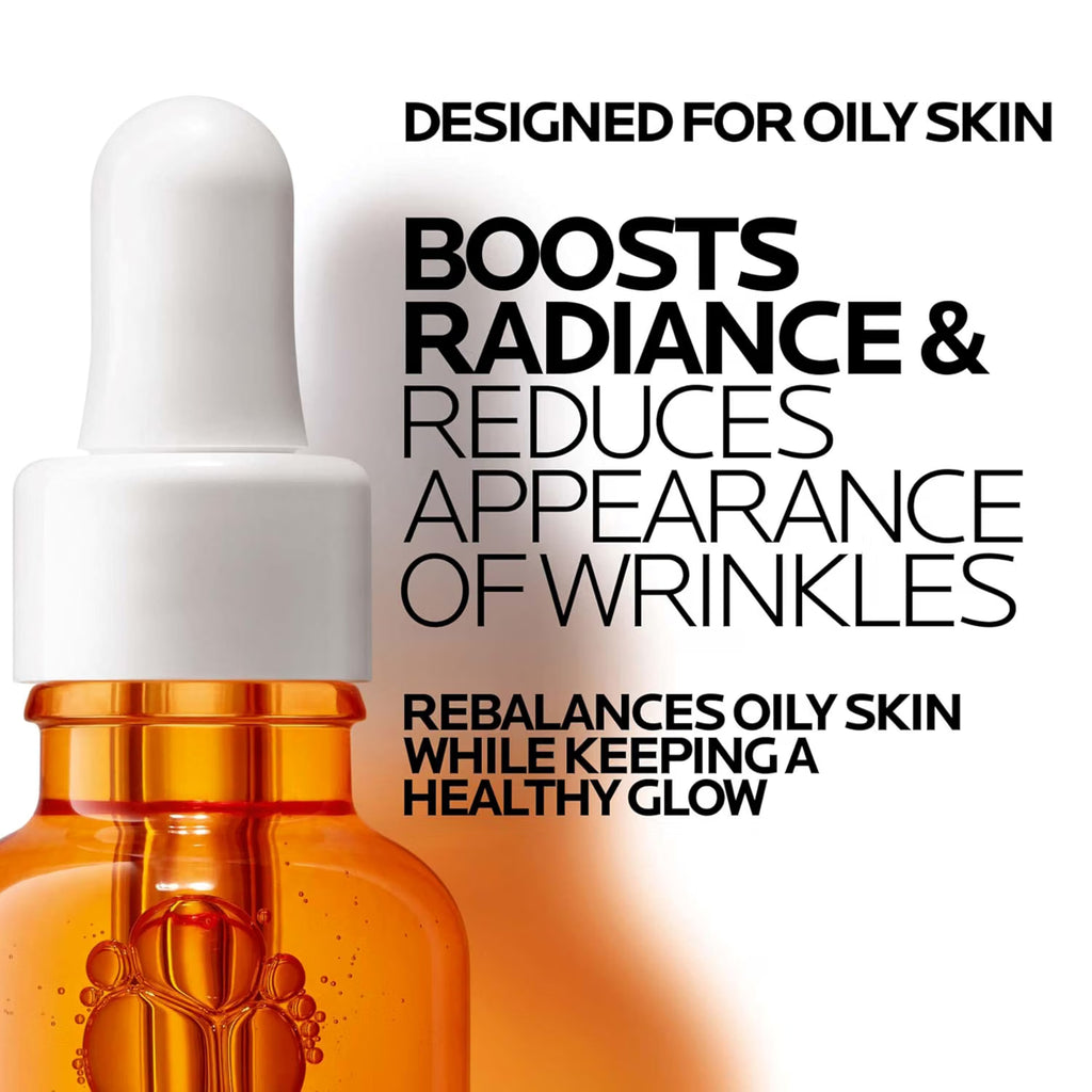 Skincare dropper bottle with text highlighting benefits for oily skin