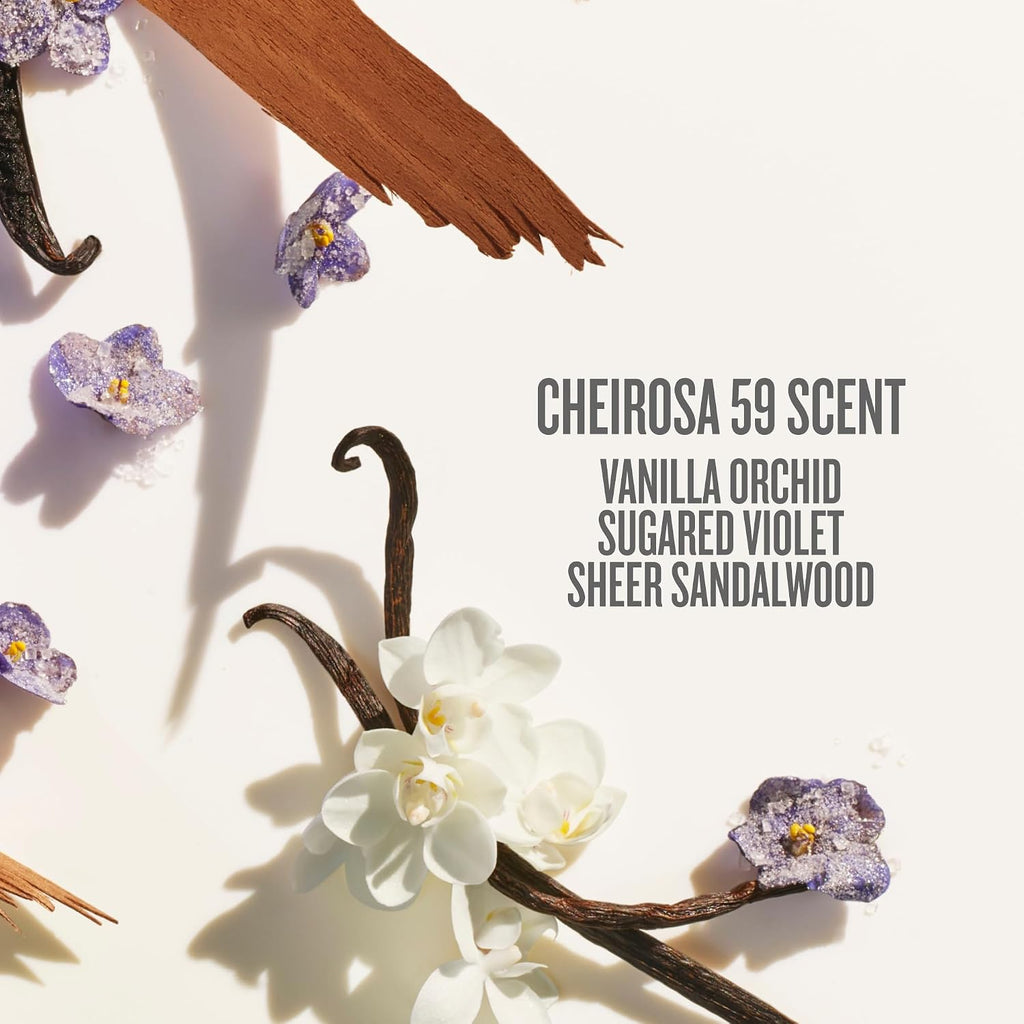 Vanilla orchid, sugared violet, and sheer sandalwood with Cheirosa 59 Scent text on a white background