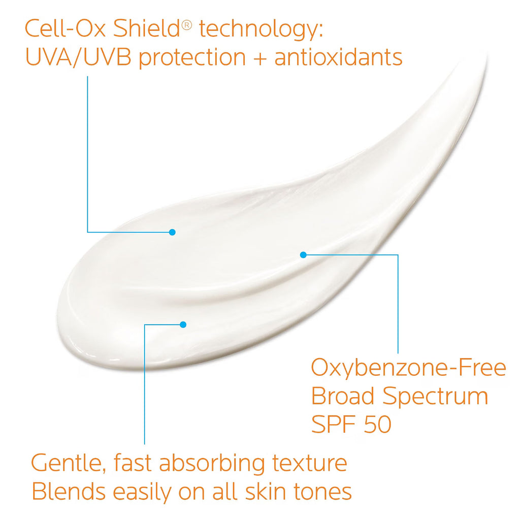 White cream with text highlighting Cell-Ox Shield technology, UVA/UVB protection, antioxidants, Oxybenzone-Free Broad Spectrum SPF 50, gentle texture, and ease of application on all skin tones.