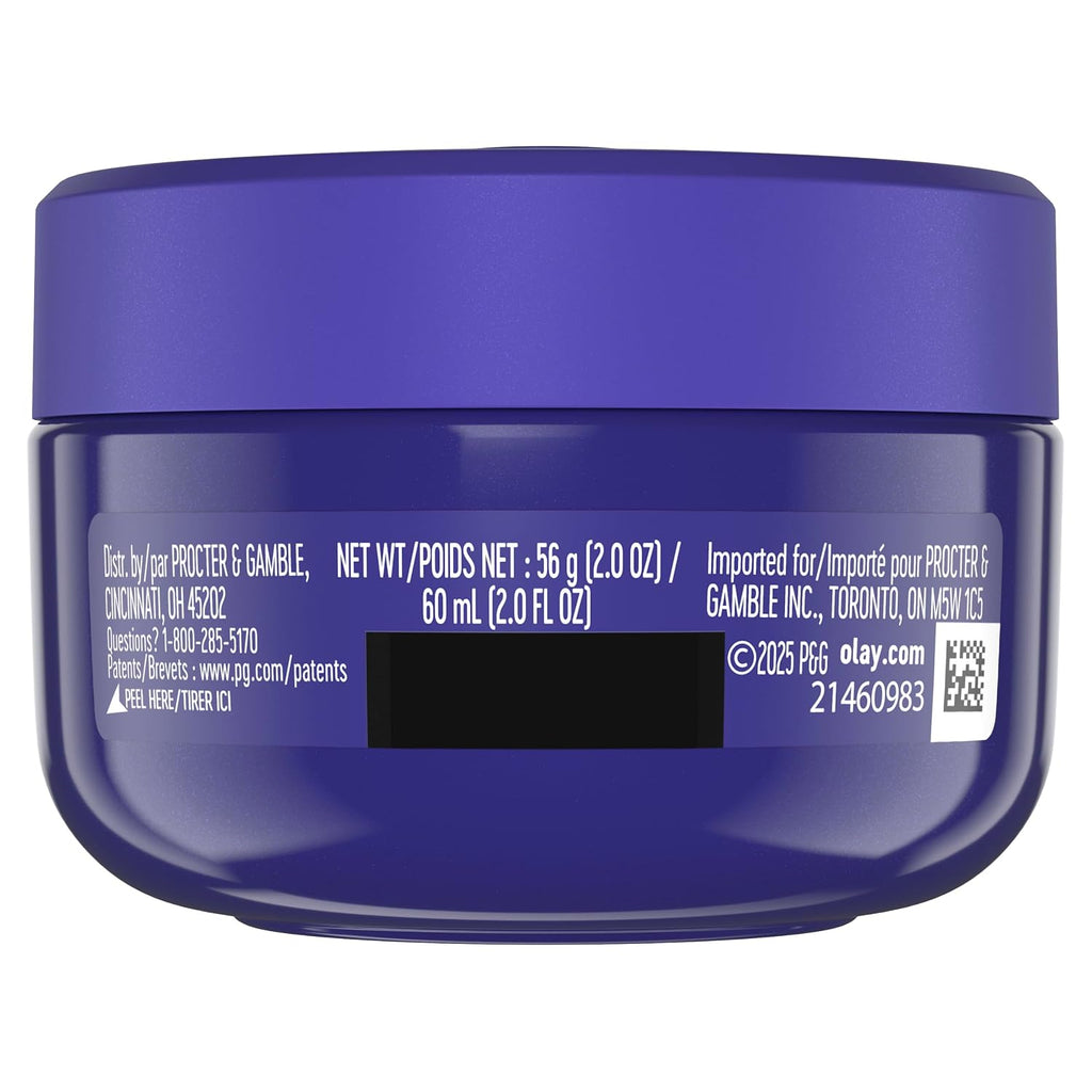 A dark blue cosmetic jar with a matching lid, featuring white text with product details and a black barcode block on a white background.
