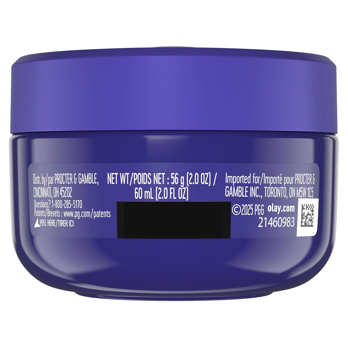 A dark blue cosmetic jar with a matching lid, featuring white text with product details and a black barcode block on a white background.