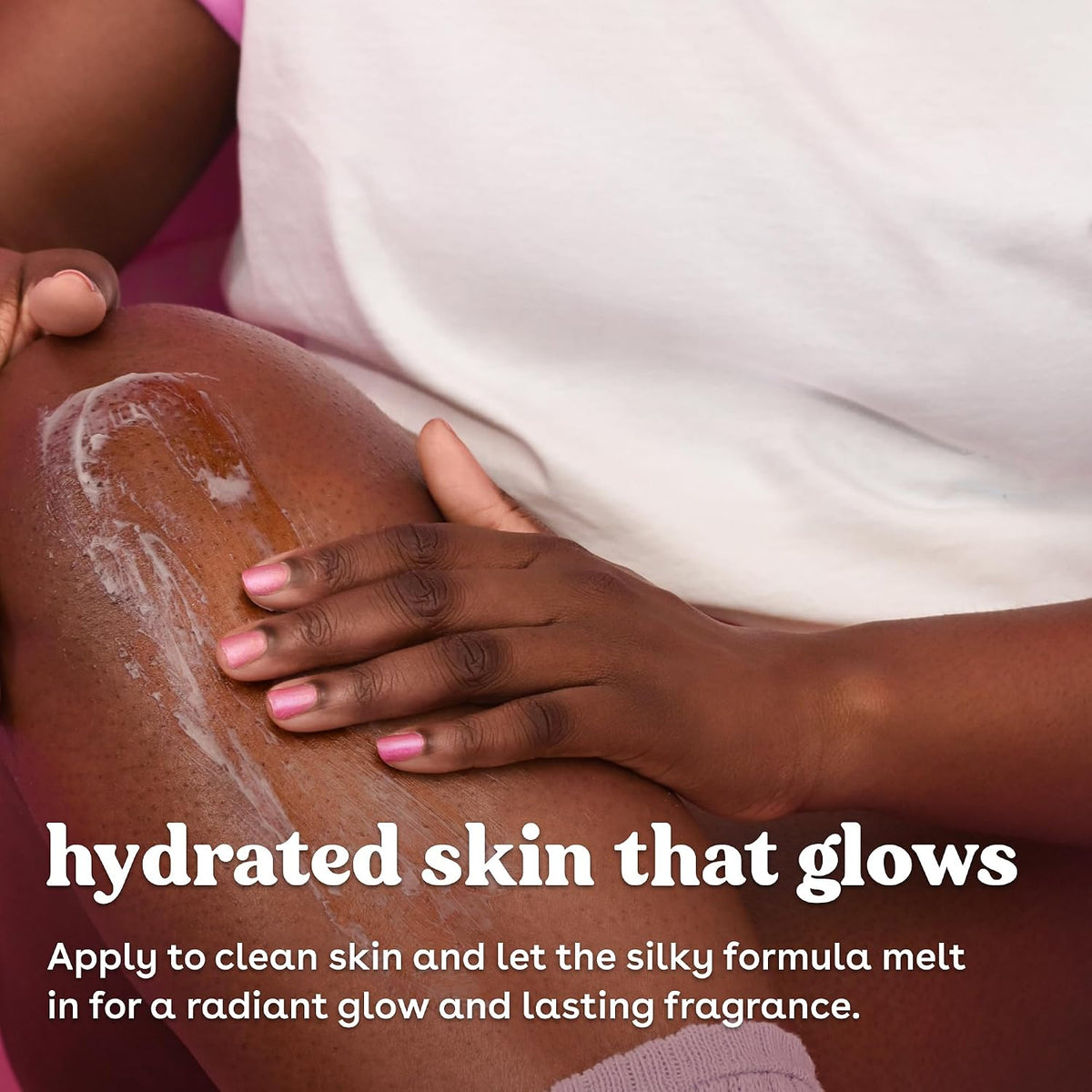 Person applying a skincare product to their leg with text about hydrated skin and a silky formula.