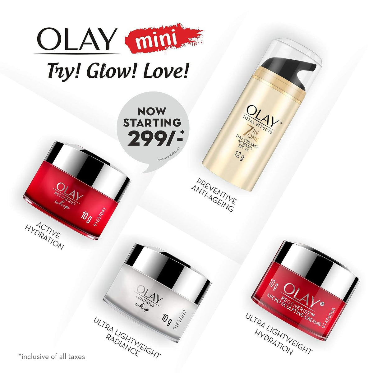 Olay Mini skincare set featuring four products: Active Hydration cream in red, Preventive Anti-Aging serum in gold, Ultra Lightweight Radiance cream in silver, and Ultra Lightweight Hydration cream in red, with promotional text on a white background.