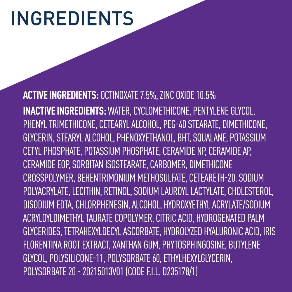 List of active and inactive ingredients on a purple background