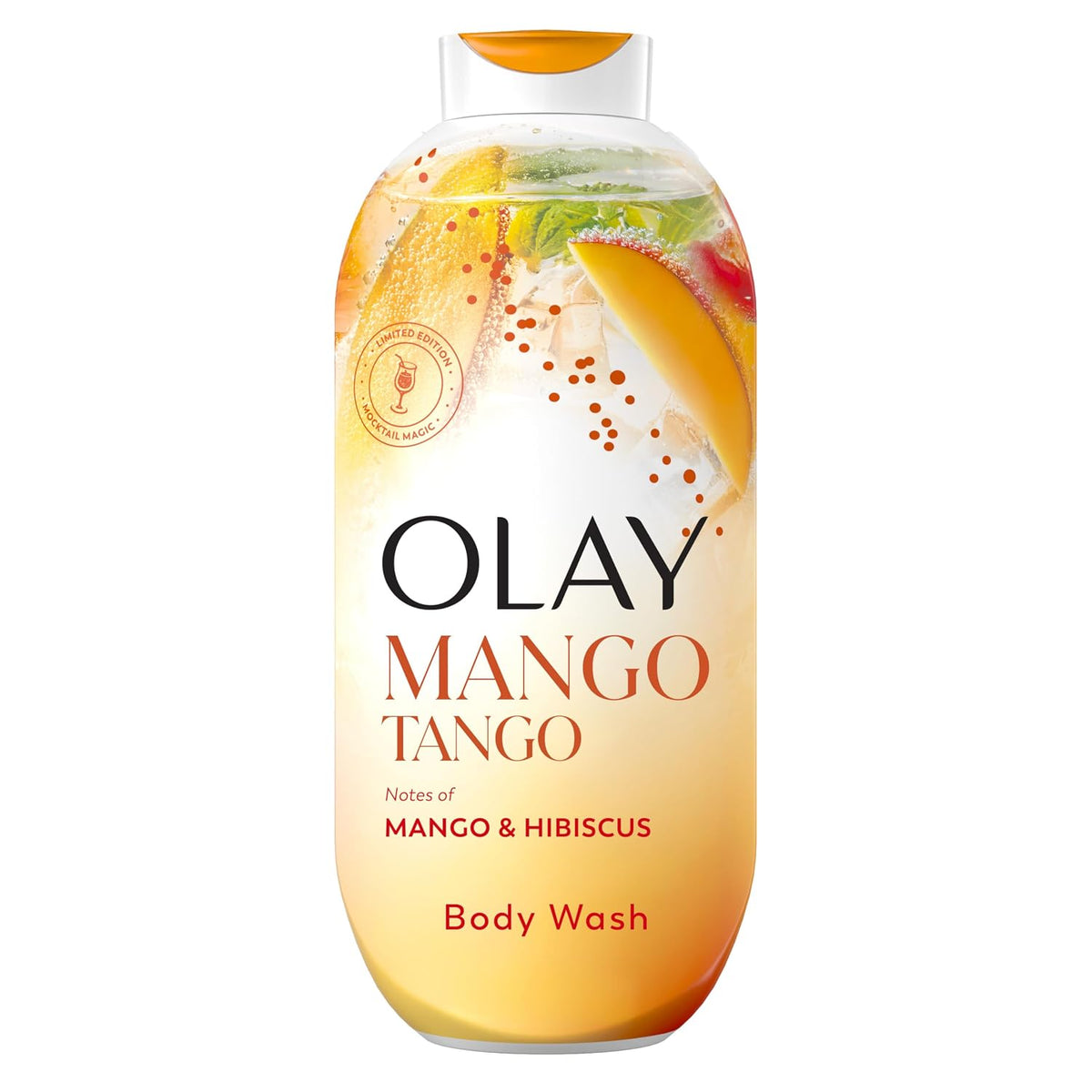 Olay Mango Tango body wash bottle on a white background