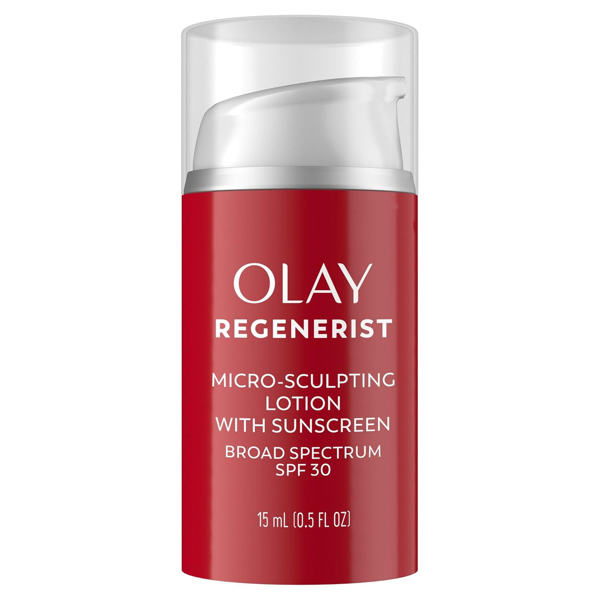 Olay Regenerist Micro-Sculpting Lotion with Sunscreen SPF 30 in a red pump bottle with a clear cap, on a white background.
