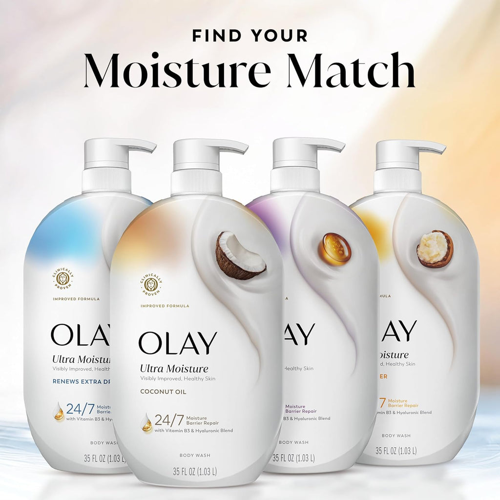 OLAY moisturizing products with 'Find Your Moisture Match' text on a light background