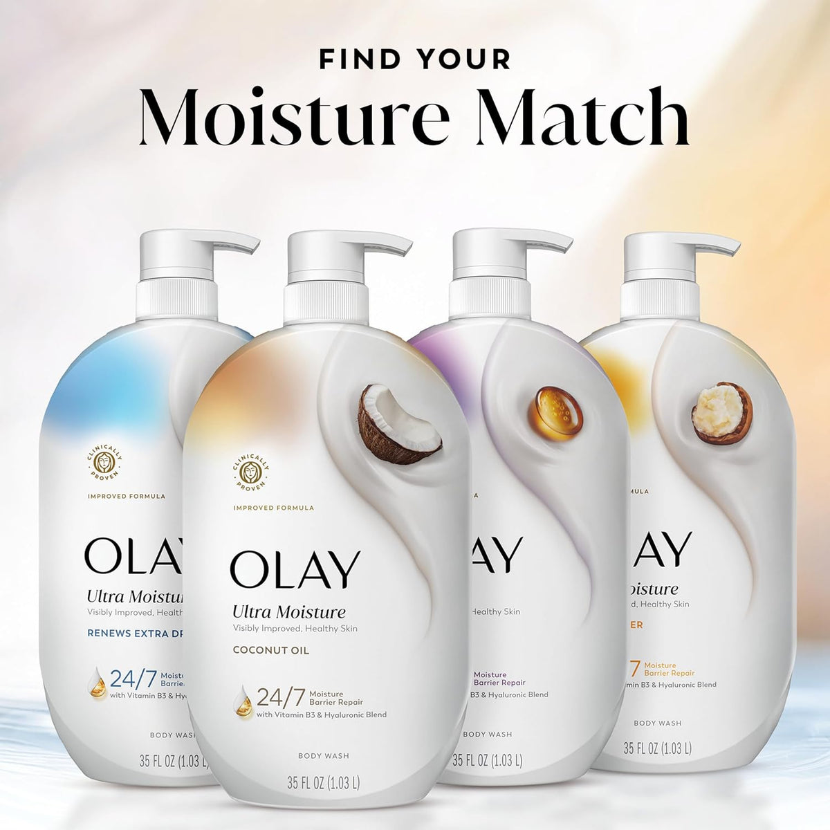 OLAY moisturizing products with 'Find Your Moisture Match' text on a light background