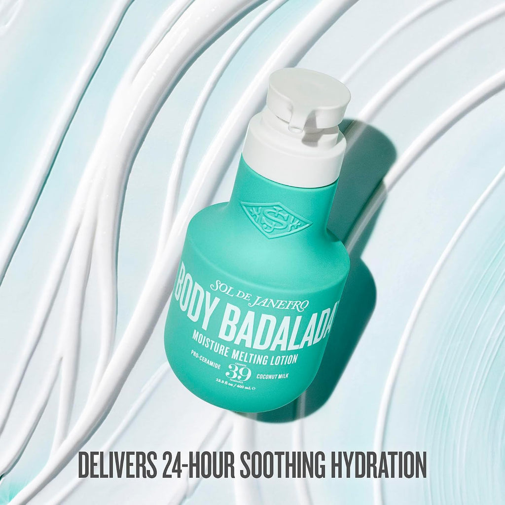 Teal bottle of 'Body Badalada' lotion with white pump on a light blue background