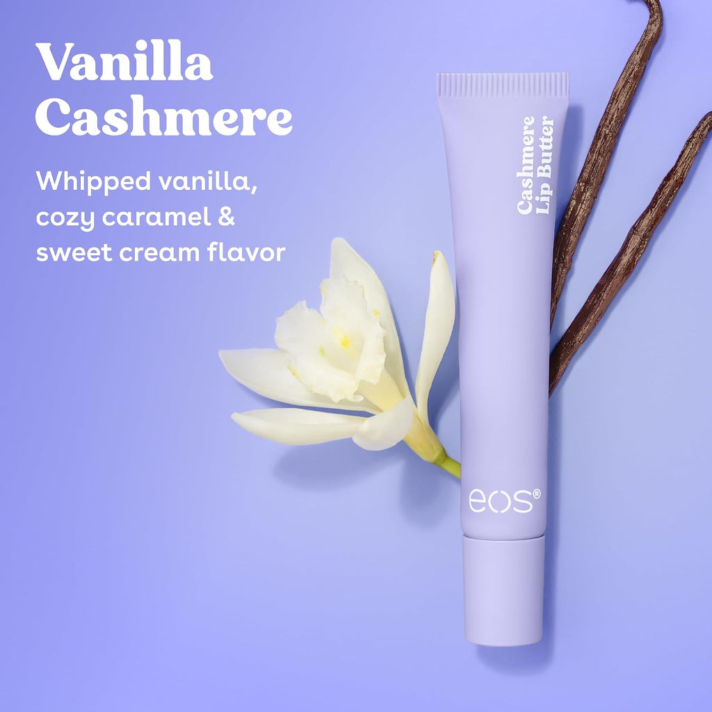 A tube of EOS Cashmere Lip Butter in Vanilla Cashmere flavor, shown on a light lavender background with a white orchid flower and vanilla pods. The text on the left reads 'Vanilla Cashmere' and 'Whipped vanilla, cozy caramel & sweet cream flavor'.