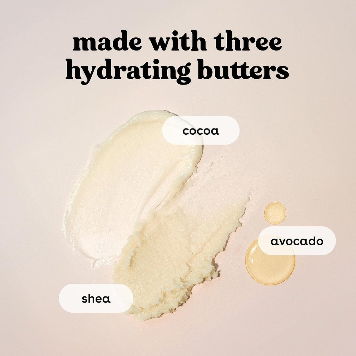Product with cocoa, avocado, and shea labeled on a beige background