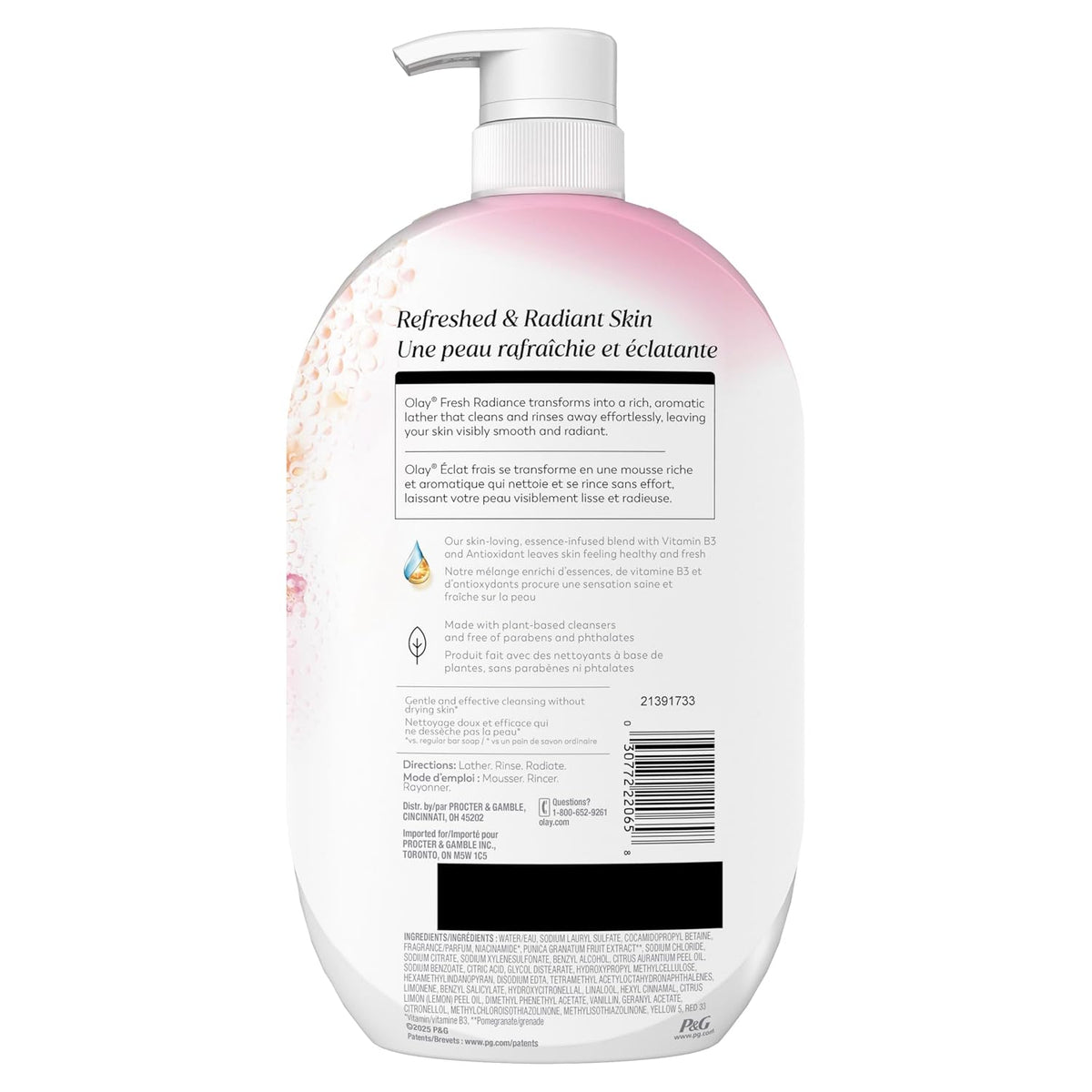 Back view of a large white pump bottle of Q&A Refreshed & Radiant Skin body wash, showing product text and a pink gradient label on a white background.