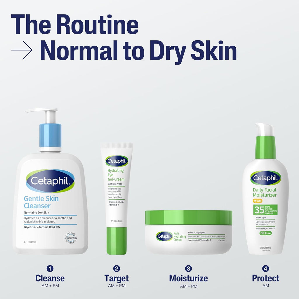 Cetaphil skincare products for normal to dry skin on a white background