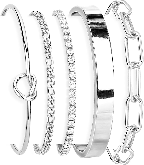 Set of silver bracelets with various designs on a white background