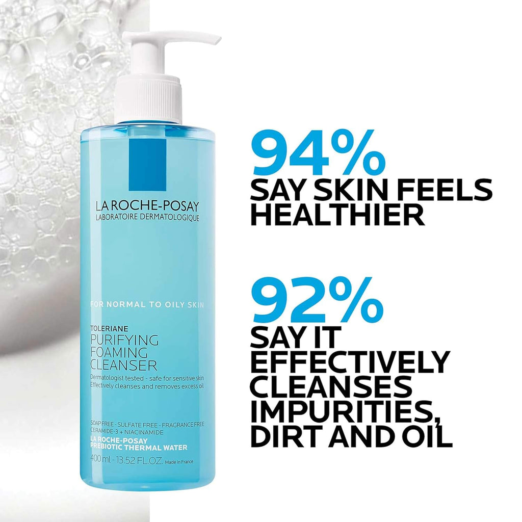La Roche-Posay cleanser bottle with customer feedback text on a white background