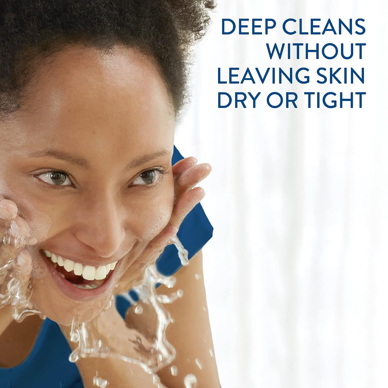Woman washing her face with a blue washcloth, with text about deep cleaning.