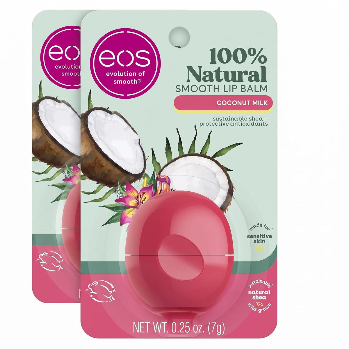 Two packs of EOS 100% Natural Smooth Lip Balm in Coconut Milk flavor, showing the pink balm container and its packaging with coconut and flower illustrations on a white background.