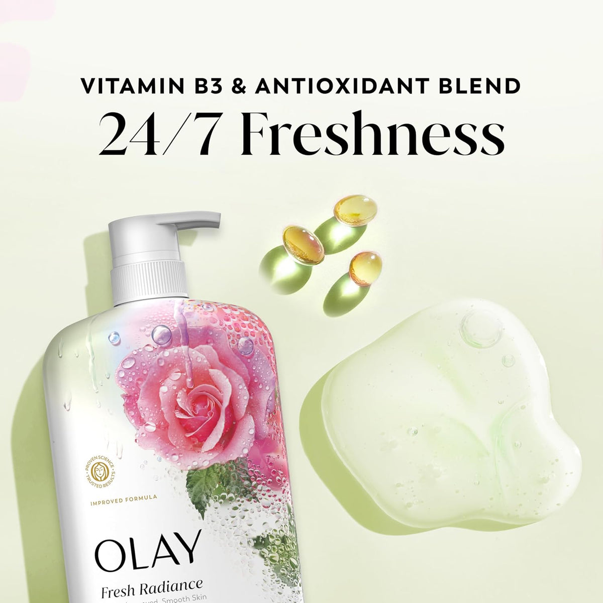 OLAY Fresh Radiance bottle with rose design on a light green background, featuring text about vitamin B3 and antioxidants.