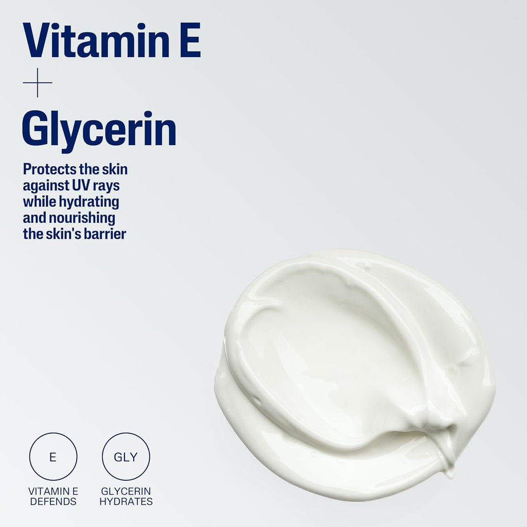 White cream with text about Vitamin E and Glycerin on a light gray background