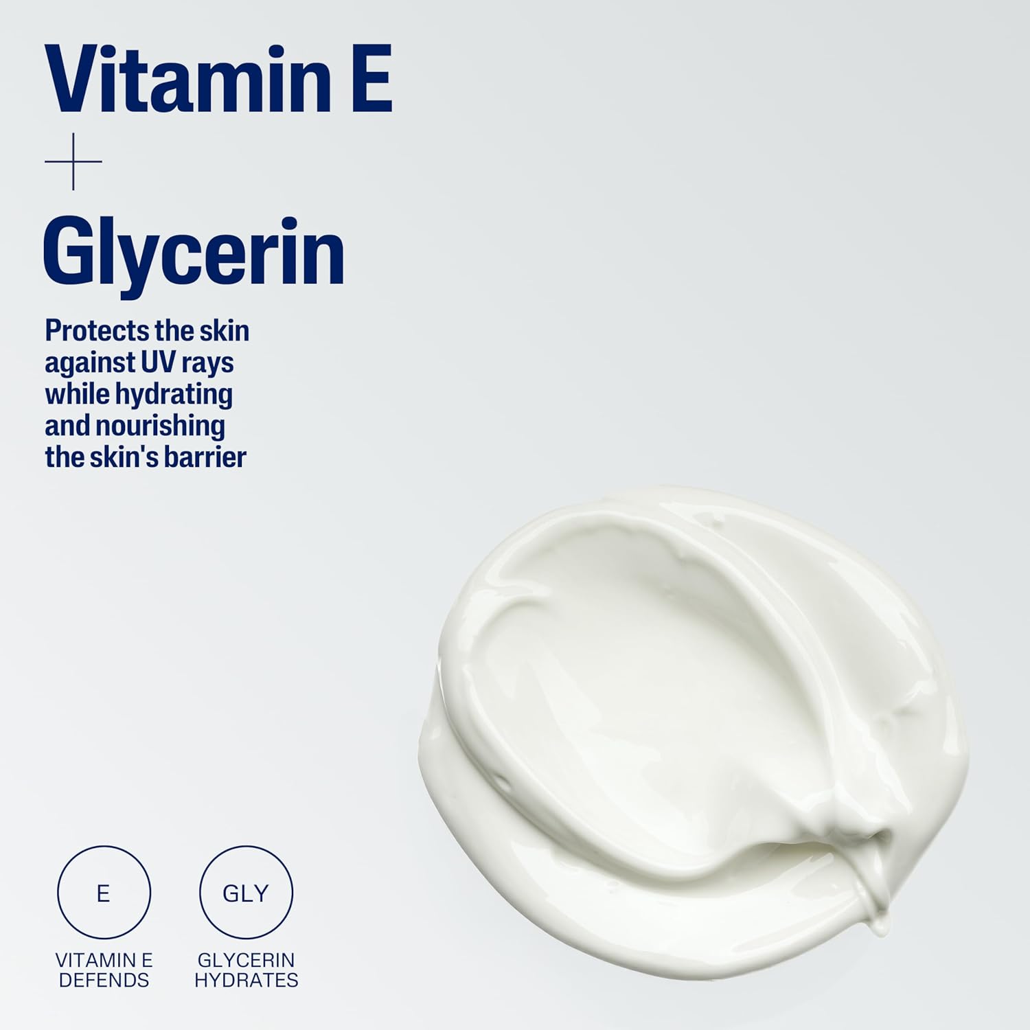 White cream with text about Vitamin E and Glycerin on a light gray background