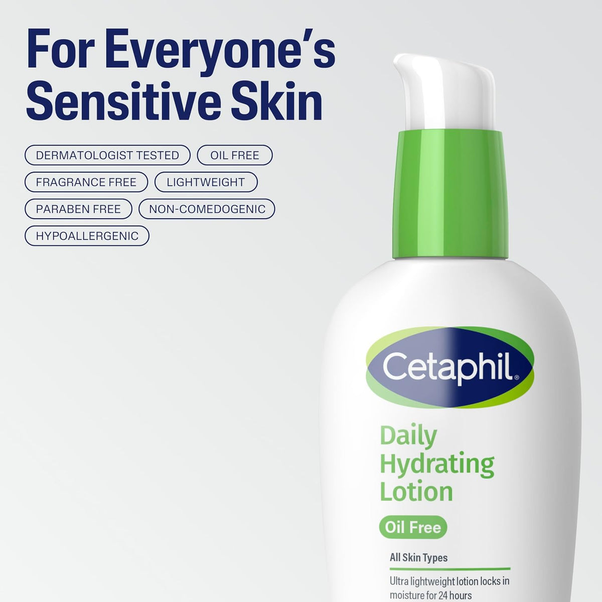 Cetaphil Daily Hydrating Lotion bottle with text highlighting benefits on a light gray background