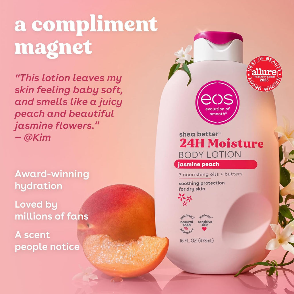 eos 24H Moisture Body Lotion bottle with peach and jasmine flowers on a pink background