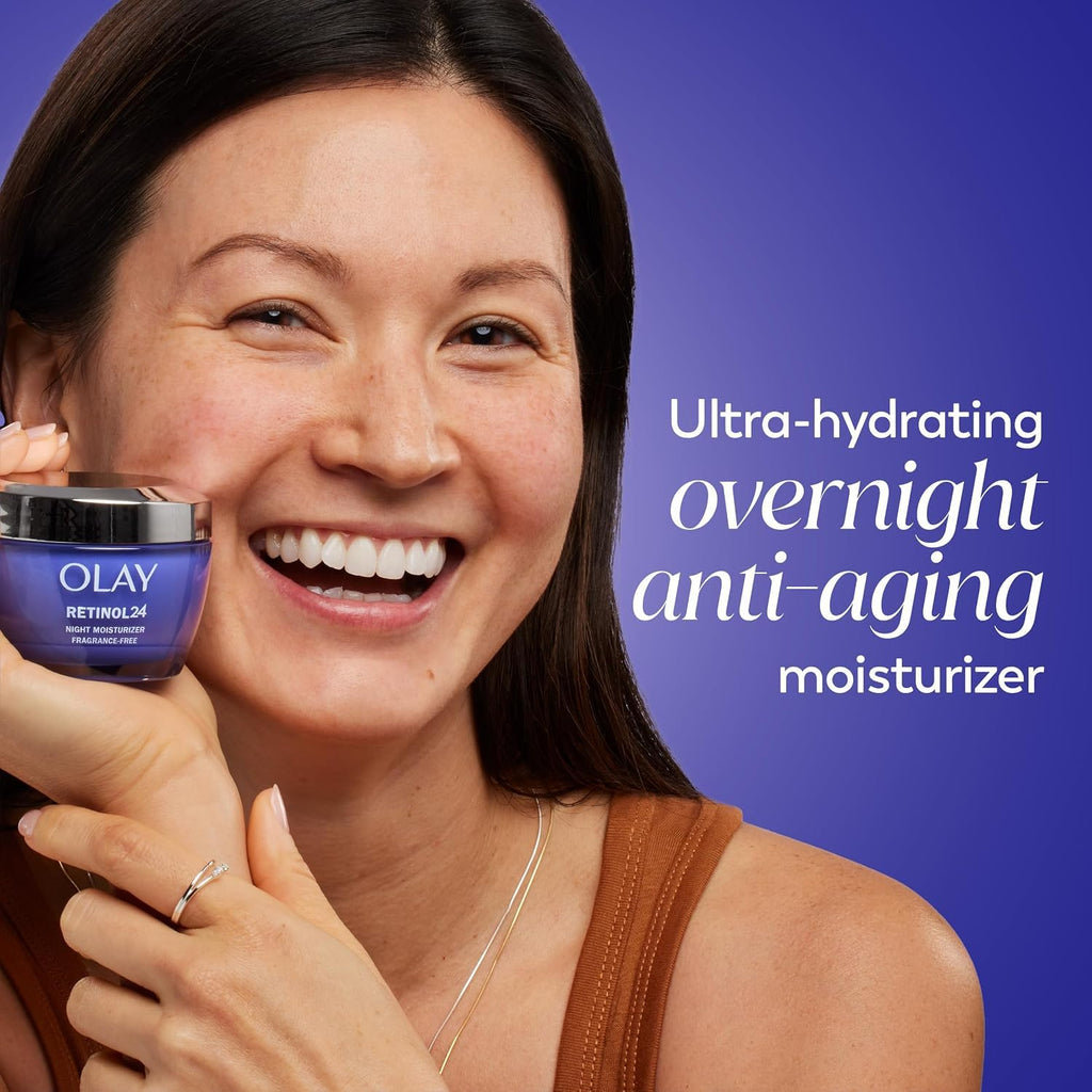 A smiling woman holds an Olay Retinol 24 moisturizer jar against a solid purple background, with text on the right reading 'Ultra-hydrating overnight anti-aging moisturizer.'.