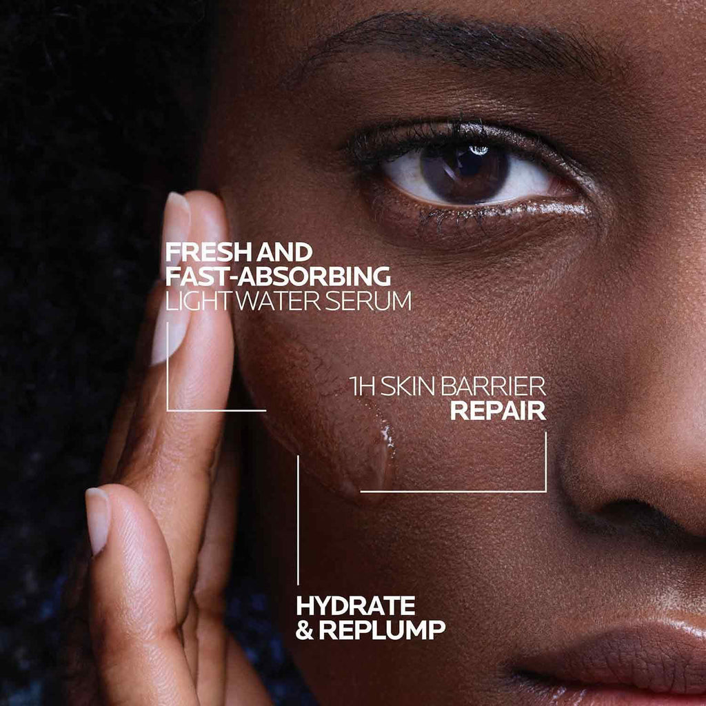 Close-up of a person's face with text about a skincare product.