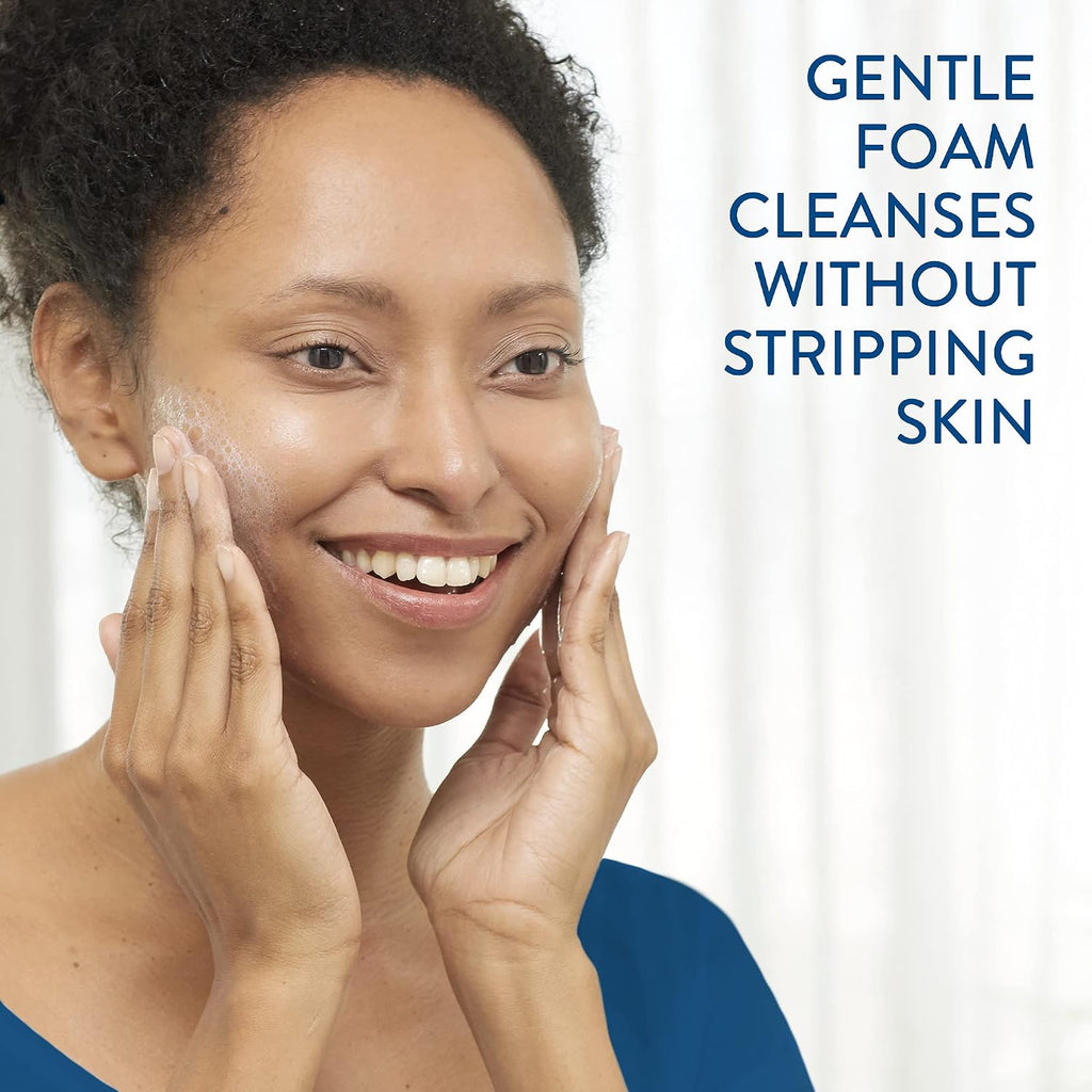 Woman applying gentle foam cleanser to her face with text about its benefits.