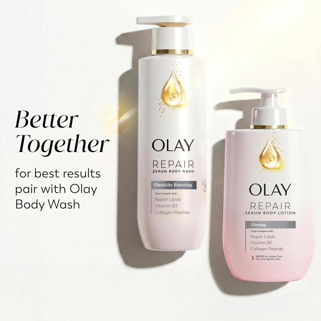 Two Olay Repair serum body wash products on a white background with text reading 'Better Together for best results pair with Olay Body Wash.' The left bottle is white with a gold droplet and black text, and the right bottle is pale pink with a white pump and gold droplet detail.