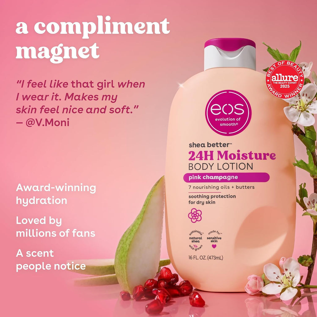EOS shea butter 24H moisture body lotion bottle with pink champagne scent on a pink background, featuring reviews and product details.