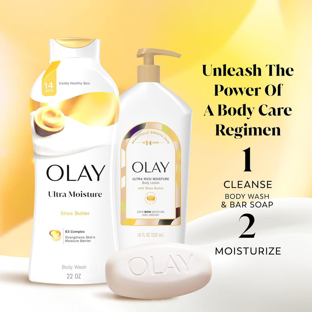 Olay body care products with a yellow background and text about a body care regimen.