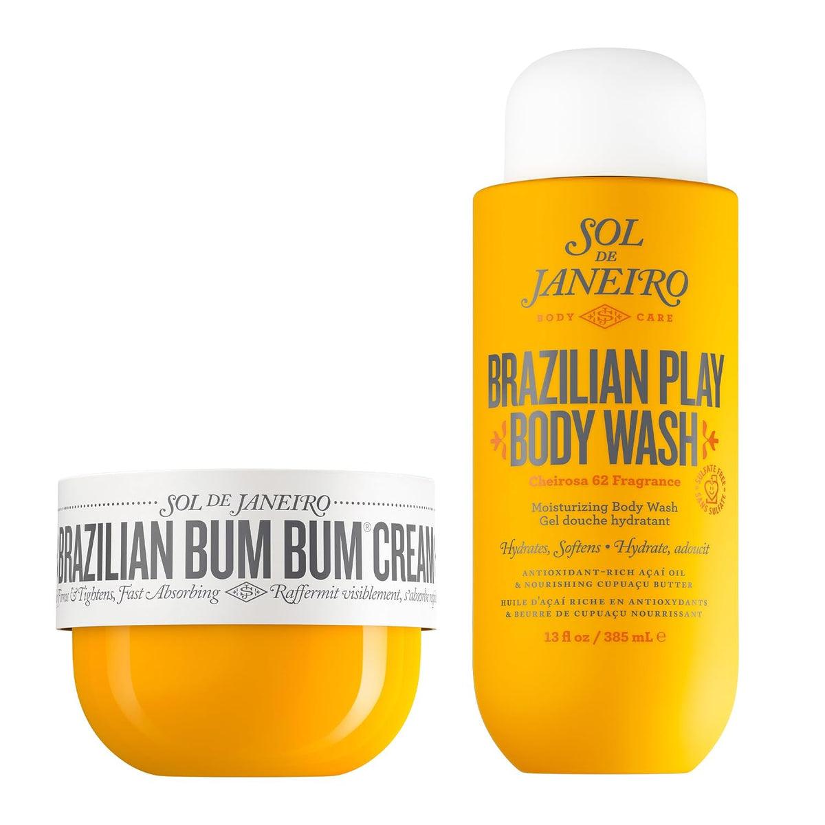 Two Sol de Janeiro products, a body wash bottle and a bum bum cream jar, on a white background.
