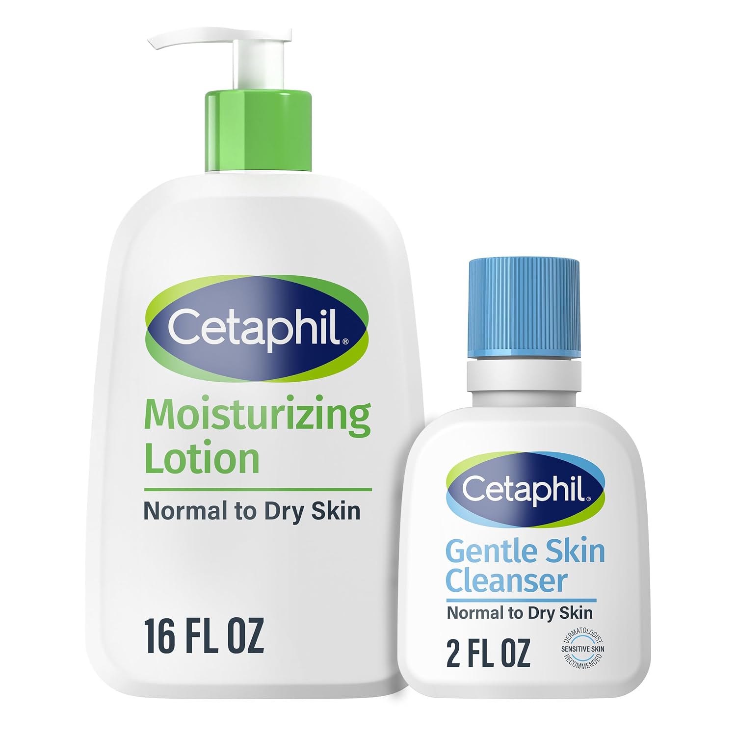 Cetaphil moisturizing lotion and gentle skin cleanser on a white background