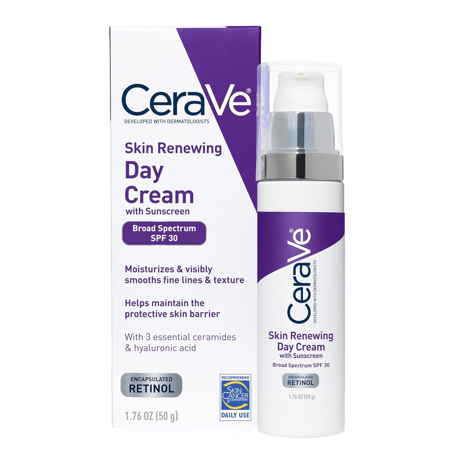 CeraVe Skin Renewing Day Cream with Sunscreen packaging on a white background