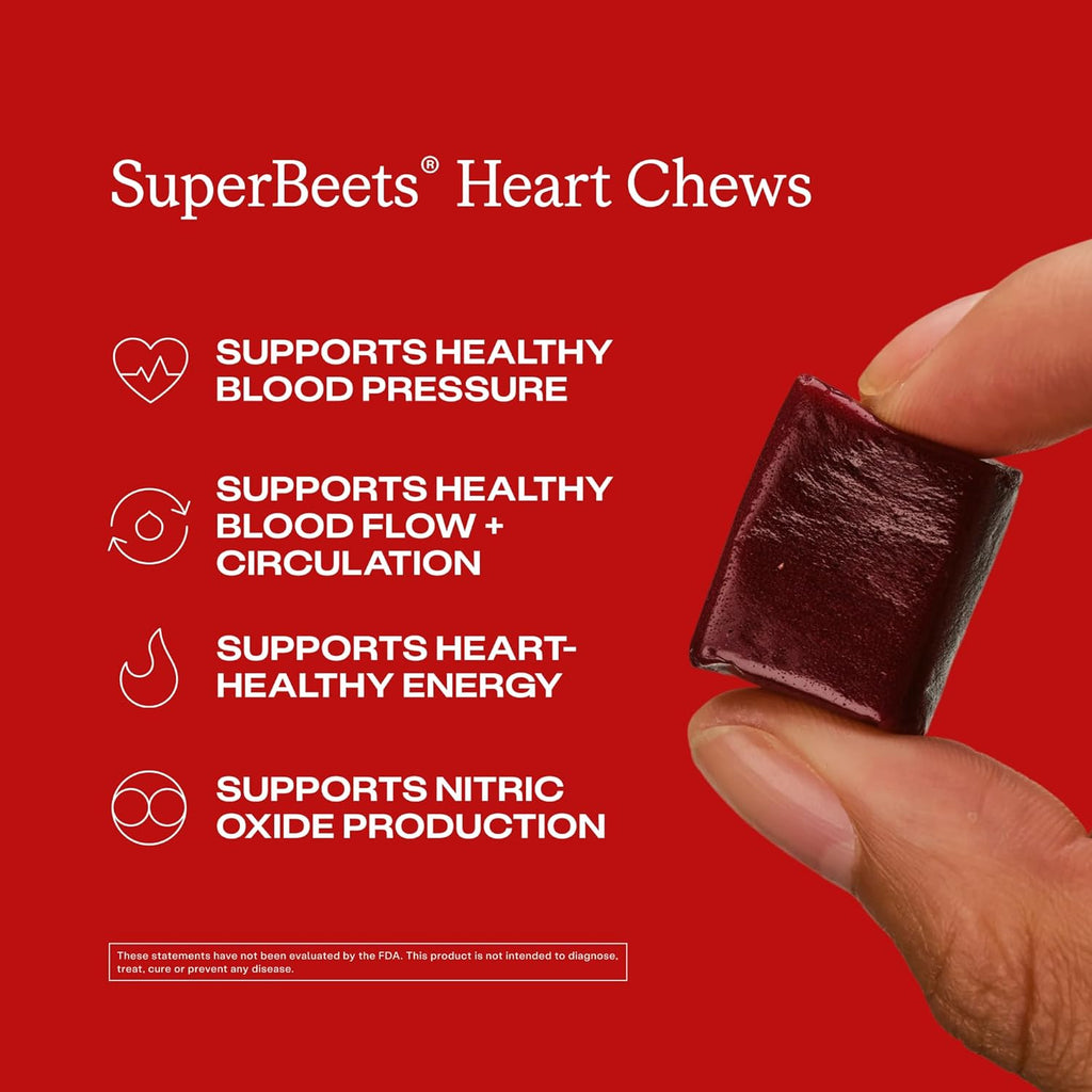 Humann SuperBeets Heart Chews, Nitric Oxide and Blood Pressure Support, Grape Seed Extract & Non-GMO Beet Root Powder Energy Supplement, Pomegranate Berry Flavor, 60 Count