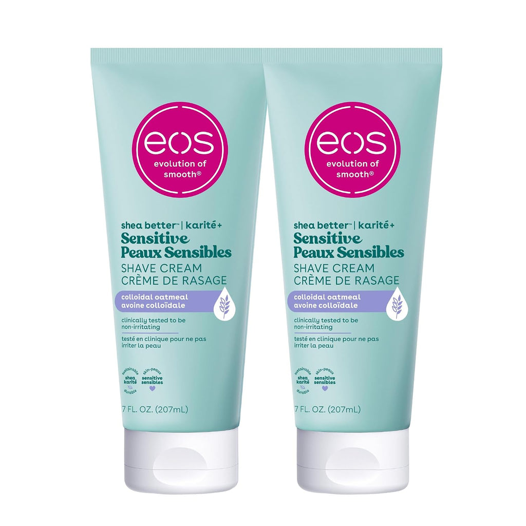 Two tubes of EOS Sensitive Shave Cream side by side on a plain white background.