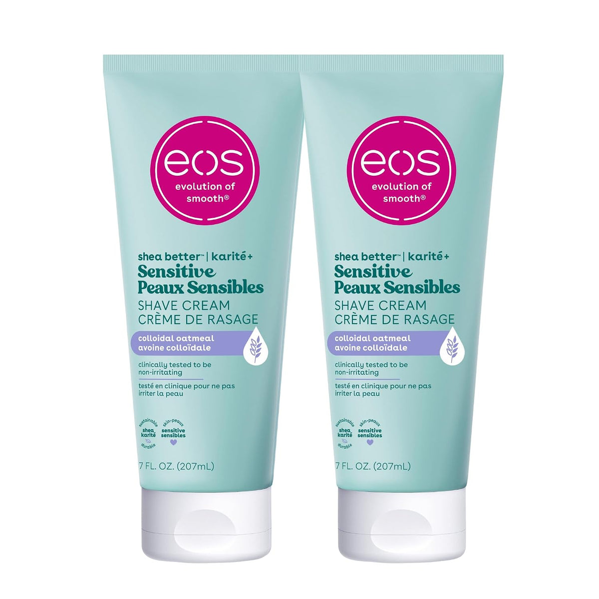 Two tubes of EOS Sensitive Shave Cream side by side on a plain white background.