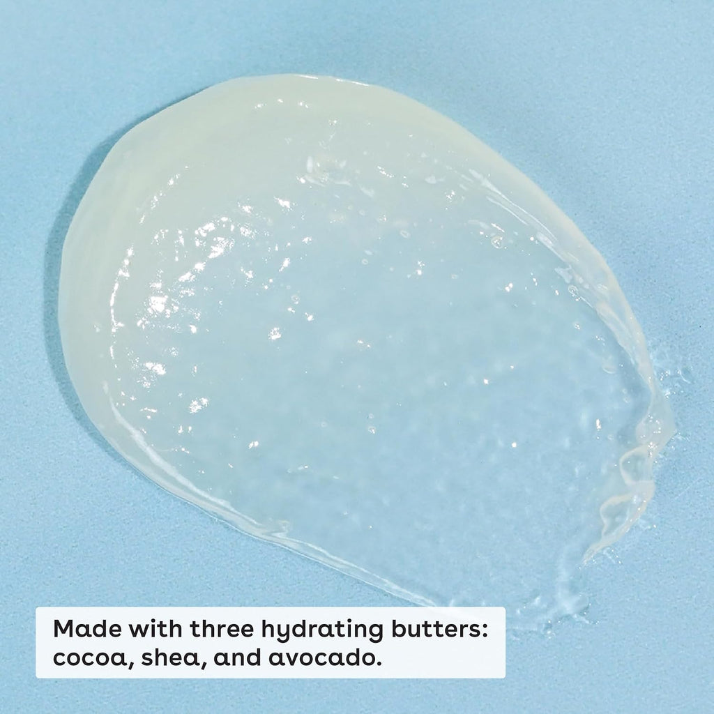 A smudge of Eos cream, and a text Inscription "Made with three hydrating butterd : Cocoa , Shea , and  avocado.