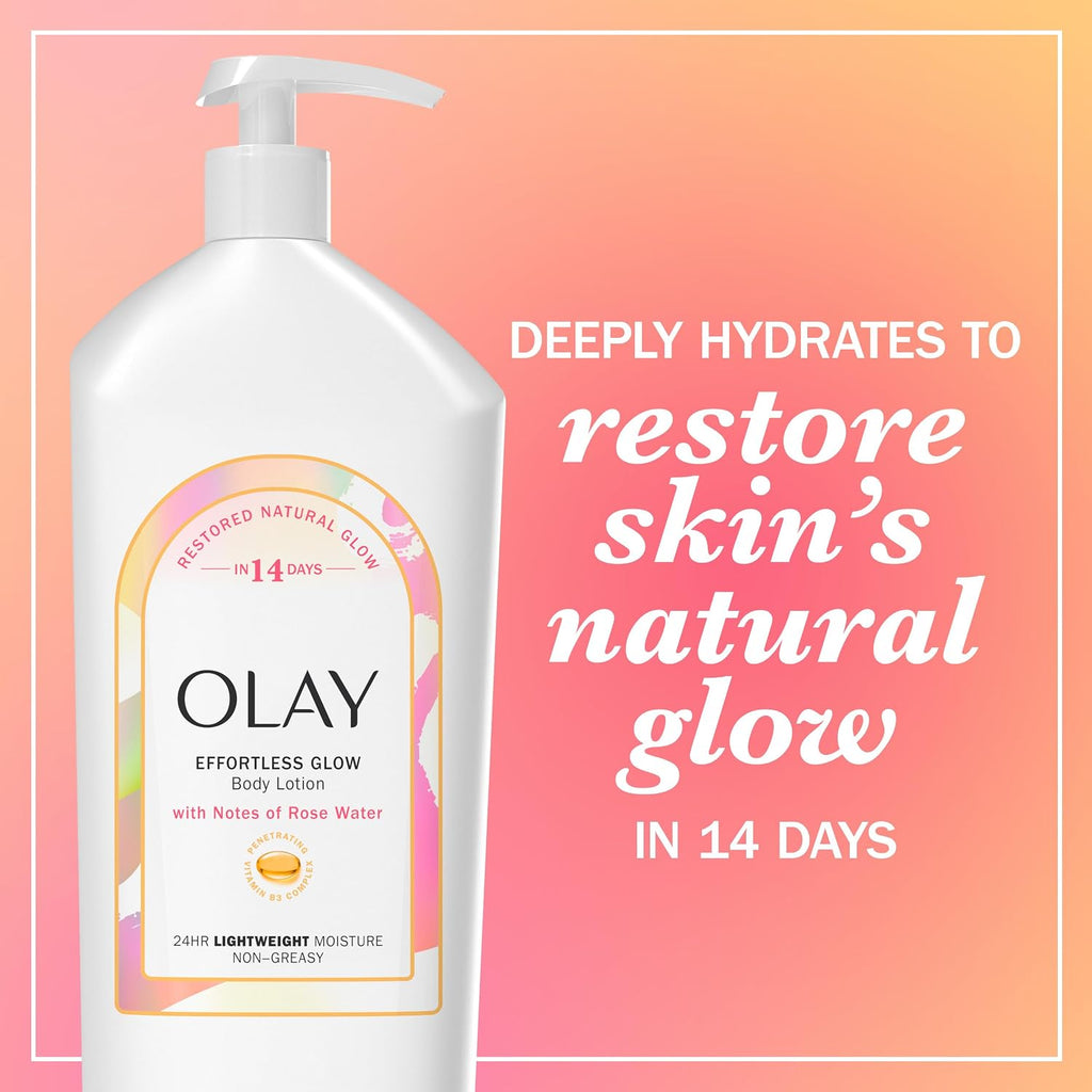 A large white pump bottle of Olay Effortless Glow Body Lotion with a pastel label, shown on a pink-to-orange gradient background with promotional text reading 'DEEPLY HYDRATES TO restore skin's natural glow IN 14 DAYS.'.