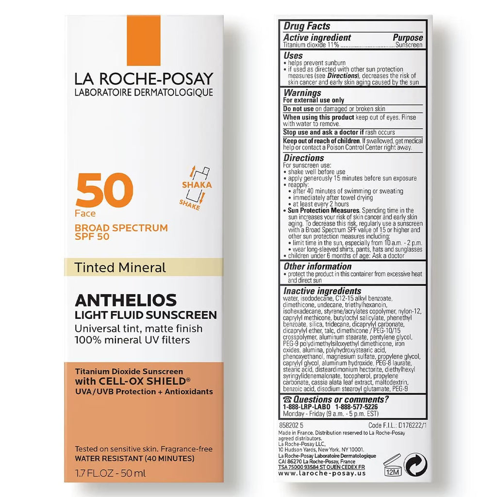 Front and back of a La Roche-Posay Anthelios Light Fluid Sunscreen SPF 50 bottle package, showing the white bottle with orange and tan label details and the back panel with drug facts, directions, and warnings.