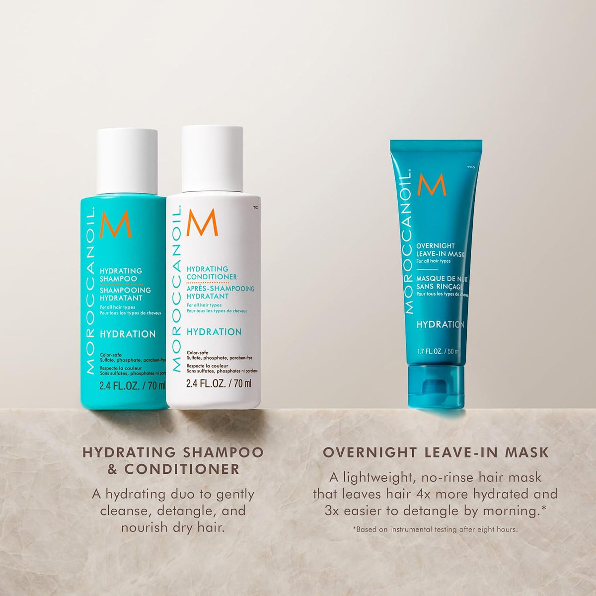 Moroccanoil | Hydrating Shampoo Conditioner & Overnight Leave In Mask Travel Set