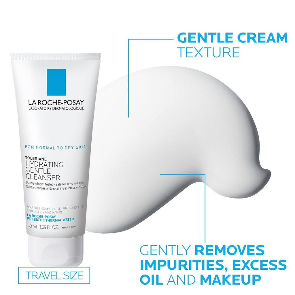 La Roche-Posay Toleriane Hydrating Gentle Cleanser travel-size tube shown on a white background with callout text and a white cream smear graphic.