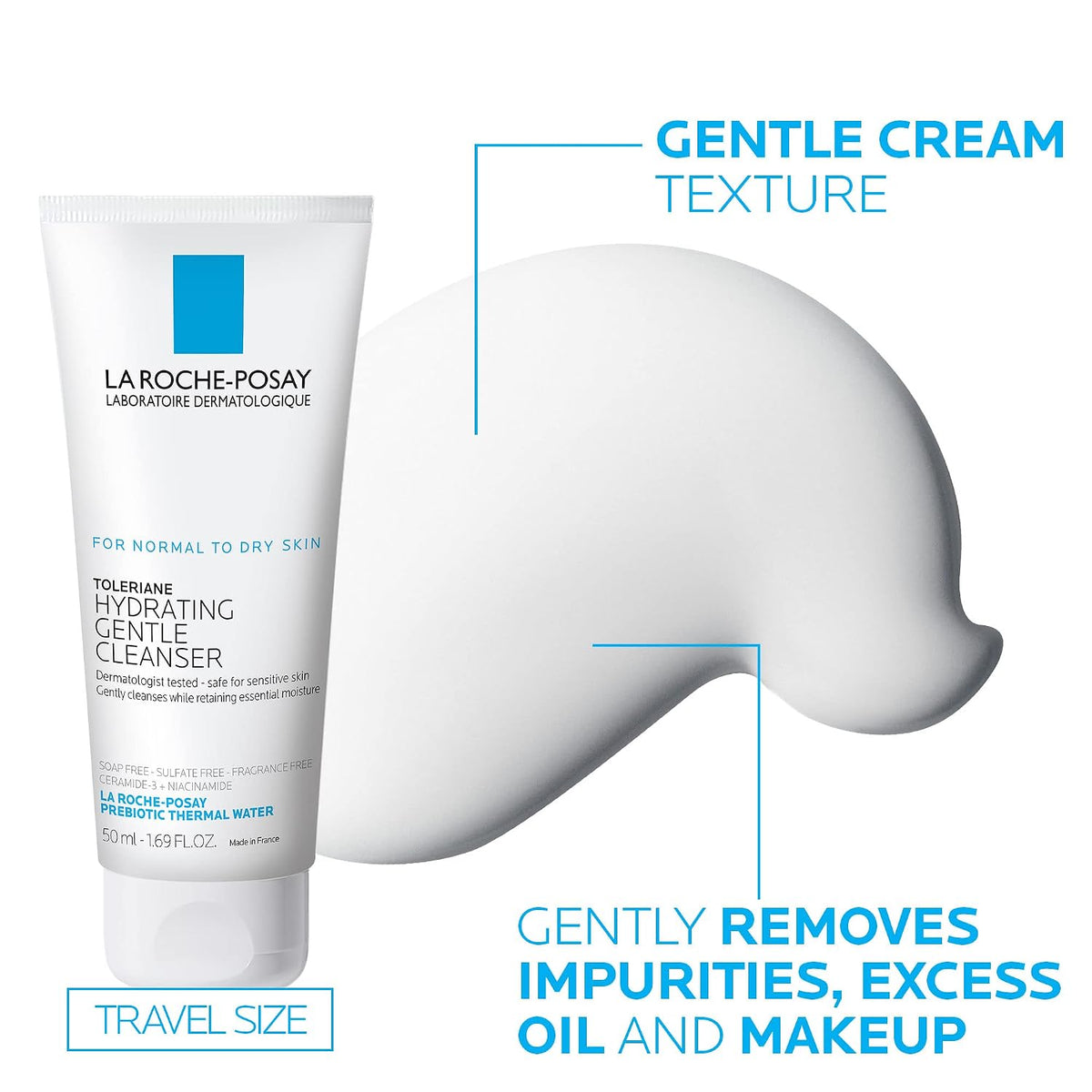 La Roche-Posay Toleriane Hydrating Gentle Cleanser travel-size tube shown on a white background with callout text and a white cream smear graphic.